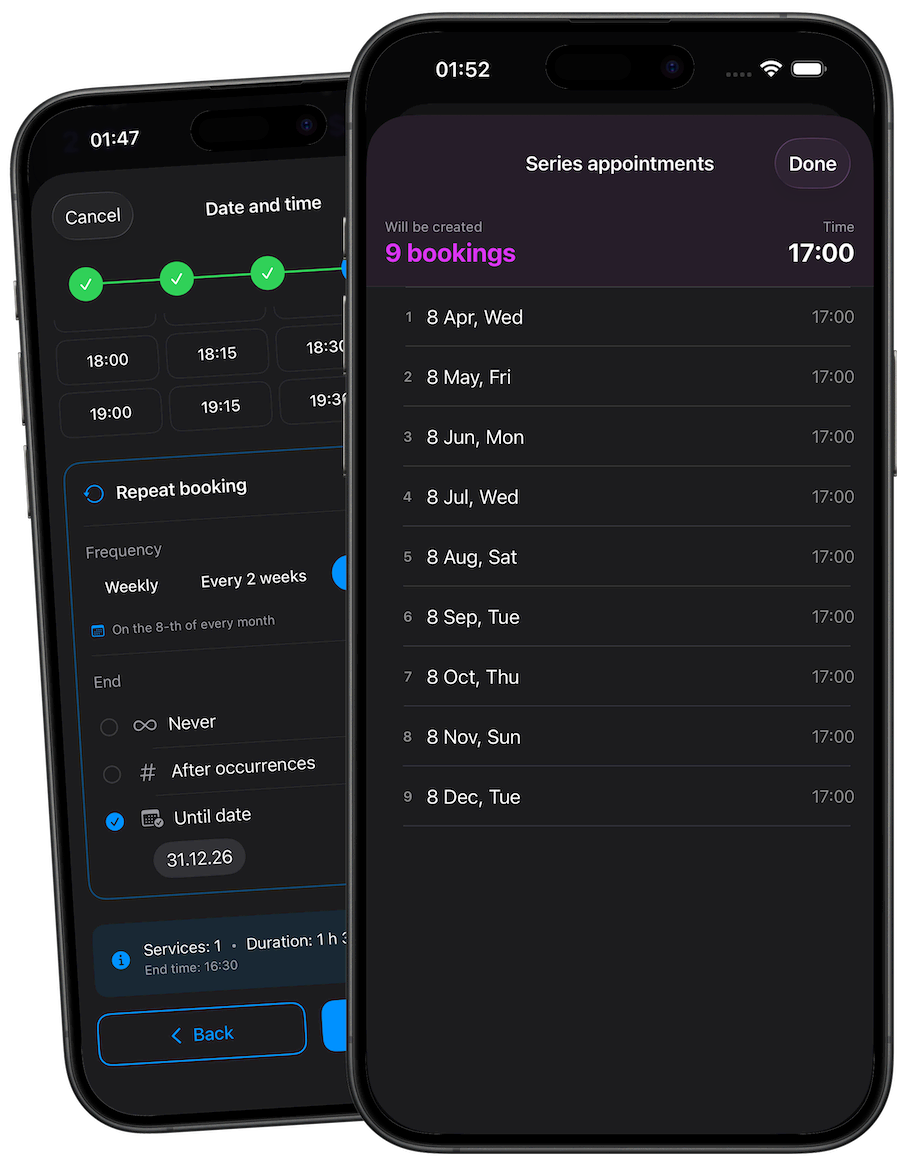 Recurring bookings — app screen