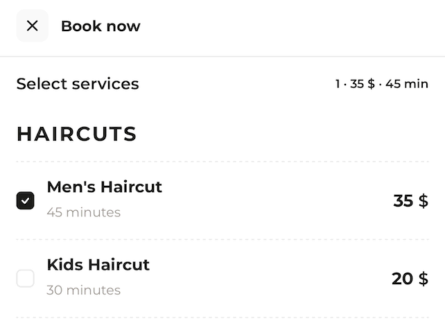 Online booking page for a service